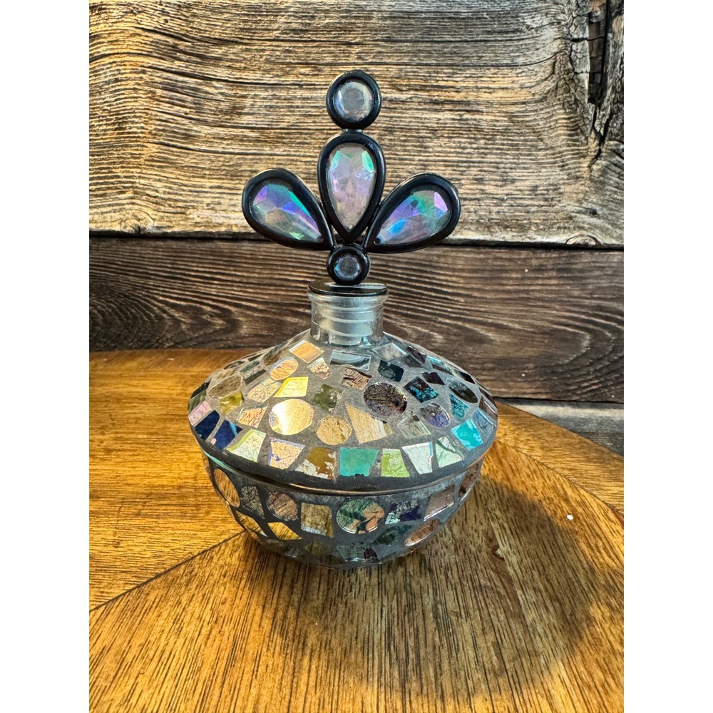 Iridescent Mosaic Glass Perfume Bottle Fleur De Lis Stopper liquor Decatur Vanit
